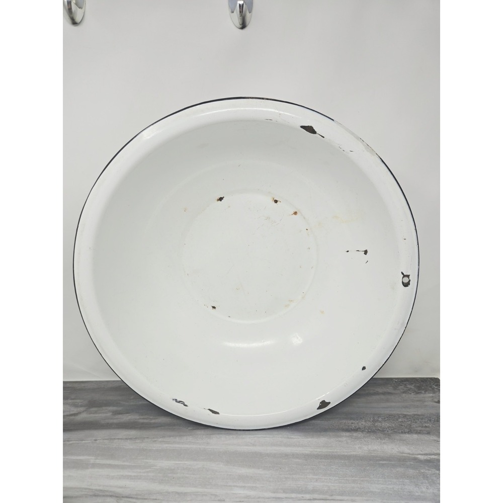 VTG White Black Enamelware Basin Bowl Antique Primitive Large 16"x16"x4" (Holes)
